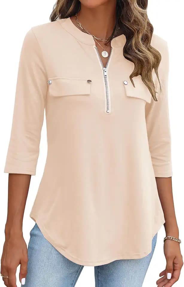 Halife 3/4 Length Sleeve Womens Tops Fall Dressy Casual Zipper Front Shirts