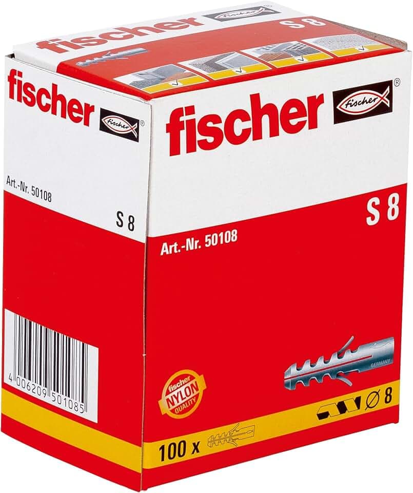 "fischer Spreizdübel S 8, Dübel mit 2-fach-Spreizung zum Befestigen von Bildern, Briefkästen, Leuchten, uvm. in Beton, Vollziegel und Naturstein, 100 Stück"