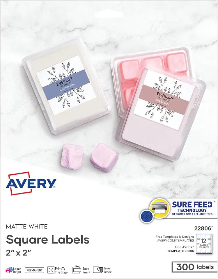 Avery Printable Square Labels, 2" x 2", Matte White, Laser & Inkjet Compatible, 300 Blank Labels per Pack, Great for High-Volume Branding, Packaging, Events, and More (5-Pack of 22806)