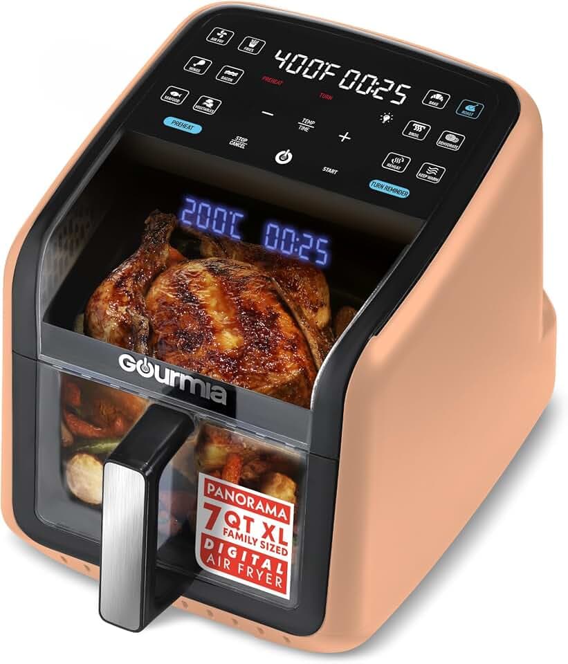 Gourmia Air Fryer - 7 Qt Basket Capacity with Panorama Window, Peach