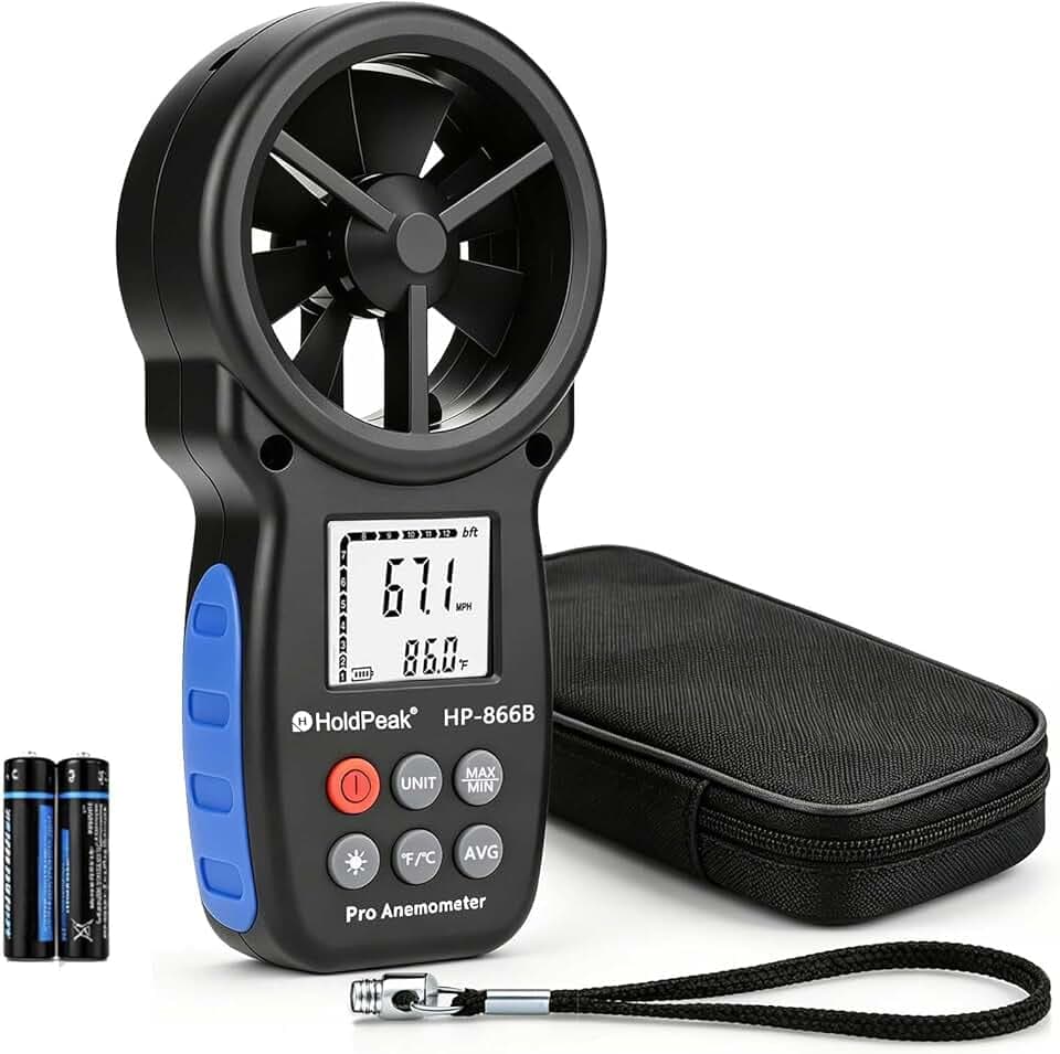 Anemometer windmesser, digitales Windgeschwindigkeitsmessgerät, Windgeschwindigkeit/Windkühlung, ℃/℉, Max/Min/Durchschnitt/Echtzeitmessung mit LCD-Hintergrundbeleuchtung