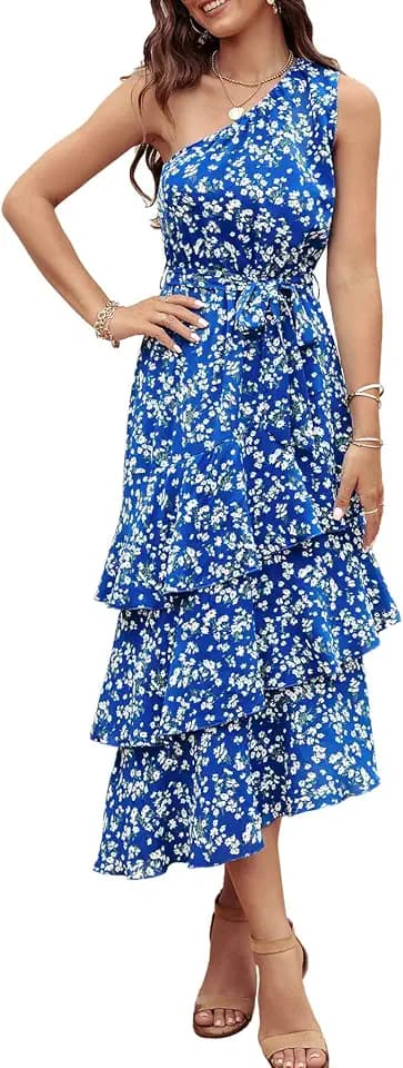PRETTYGARDEN Women's Summer Floral Sundress Casual One Shoulder Tiered Ruffle Flowy Midi Beach Boho Dresses
