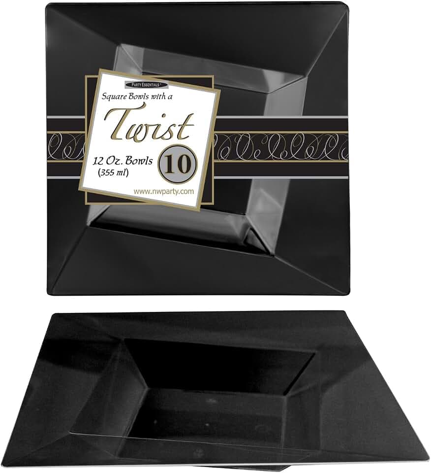 Party Essentials N121017 Hard Plastic Twist/Square Bowls, 12 oz, Black (Pack of 120)