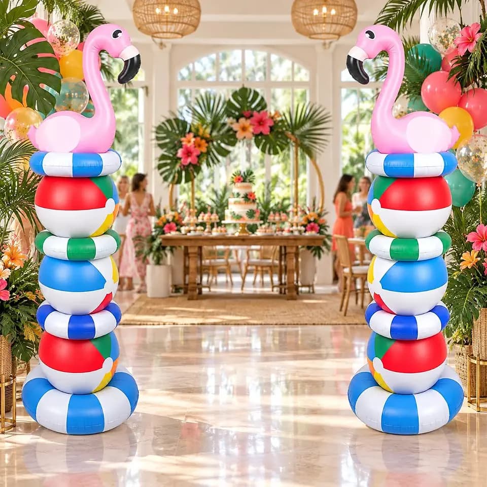 2PCS Inflatable Flamingo Columns, 6FT Giant Beach Ball Pool Party Decorations, Tropical Luau Hawaiian Party Decor for Beach Theme Birthday, Party Entrance, Backyard & Outdoor Events