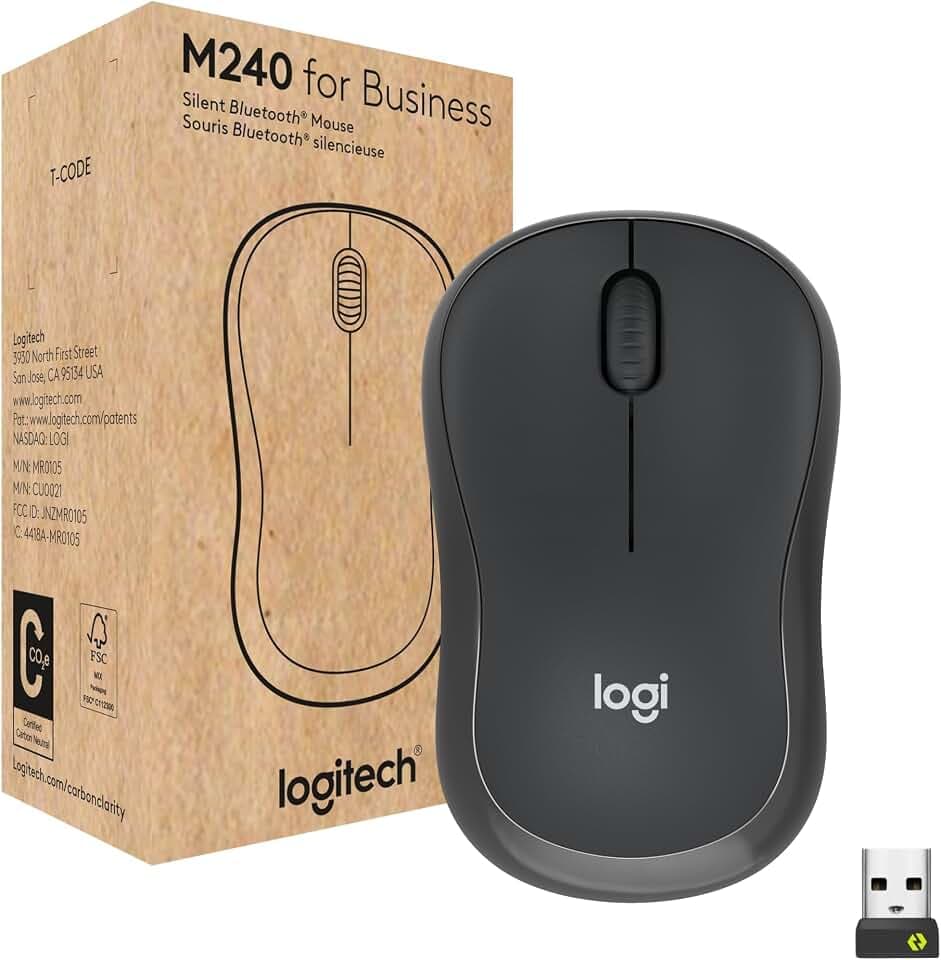 Logitech M240 for Business geräuscharme kabellose Maus, sicherer Logi Bolt USB-Empfänger, Bluetooth, weltweit Zertifiziert für Windows, Mac, Chrome, Linux, iPadOS, Android – Grafit