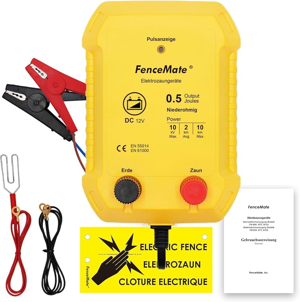FenceMate 12V Weidezaungerät 0,5J Output für 2 bis 10 km, niedrige Impedanz Spitzenspannung 10kV für Geflügel, Vieh, Hobbytiere, Haustiere, Steuergerät zum Schutz von Gärten und Grundstücken