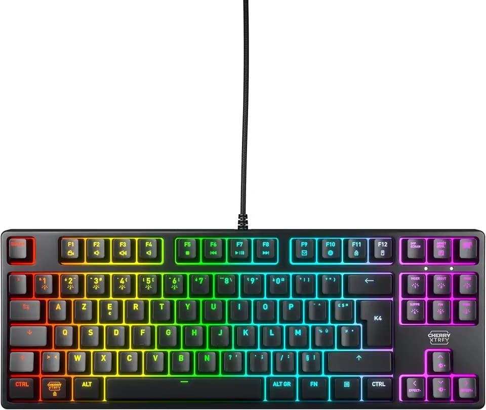 CHERRY XTRFY K4V2 TKL, Kabelgebundene Gaming-Tastatur ohne Nummernblock, Französisches Layout (AZERTY), RGB-Beleuchtung, Mechanische MX2A RED Switches, Schwarz