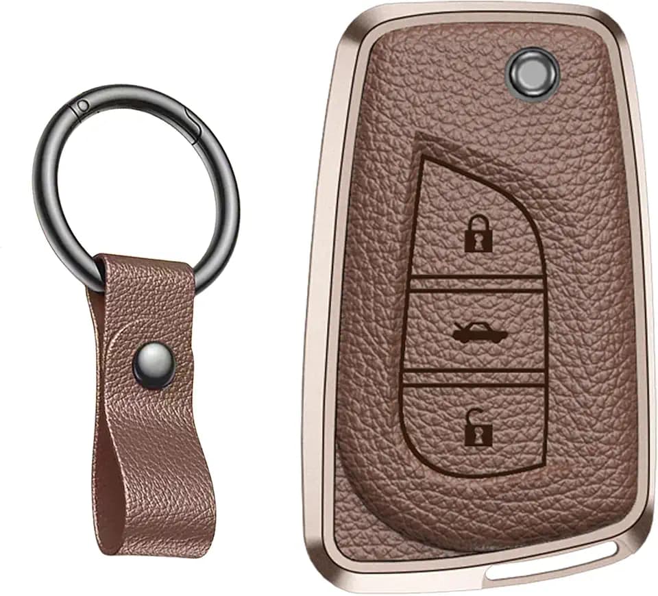for Toyota Key Fob Cover with Keychain, Premium Aluminum & Leather Case Luxury Protective Shell Compatible with 2020-2023 Highlander Corolla Prius 4Runner Camry RAV4 (C-Brown)