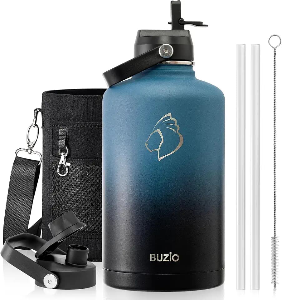 BUZIO 2,5L Edelstahl Trinkflasche isoliert mit Strohhalm & Ausgussdeckel