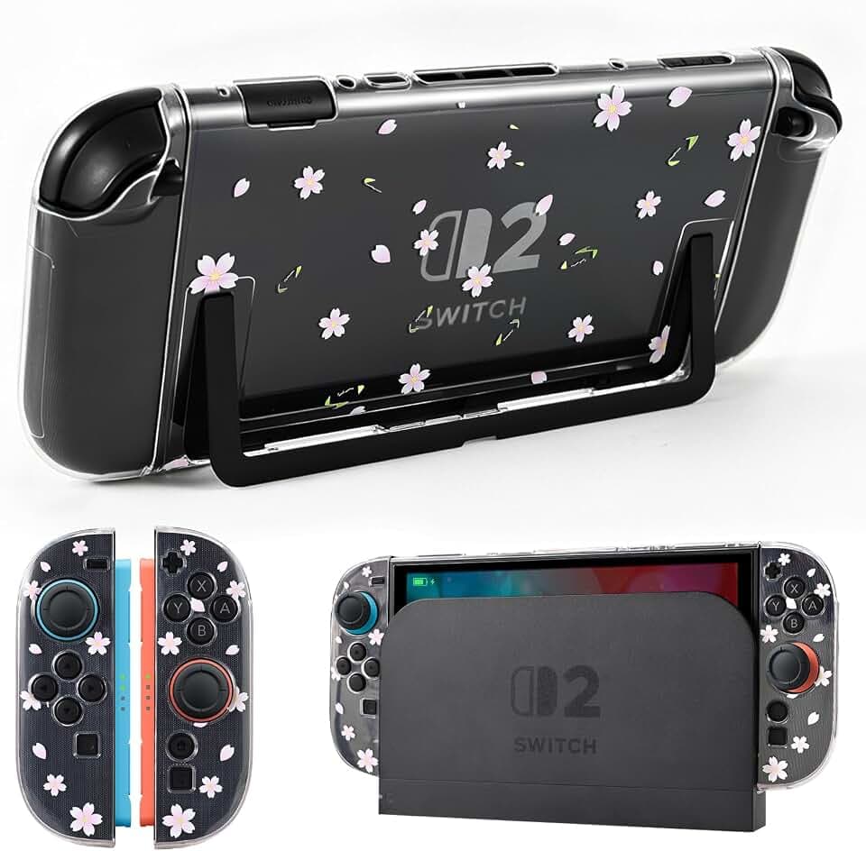 DLseego Pink Cherry Blossom Clear Protective Case for Nintendo Switch 2 (2025), Hard PC Shell + Soft TPU Split Joy-Handle Covers, with Kickstand Cutout, Anti-Slip Shockproof Dockable Design