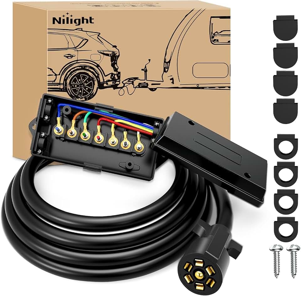 Nilight Heavy Duty 7 Way Inline Trailer Plug Extension 8FT w/Junction Box