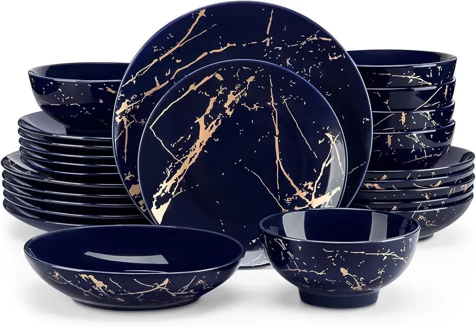 LOVECASA Tafelservice porzellan, Serie Daphne, SWEET 24-teiliges Kombiservice Set, Ess Geschirrset mit Goldspritzer Design, Speiseteller, Dessertteller, Müslischalen und Suppenteller für 6 Personen