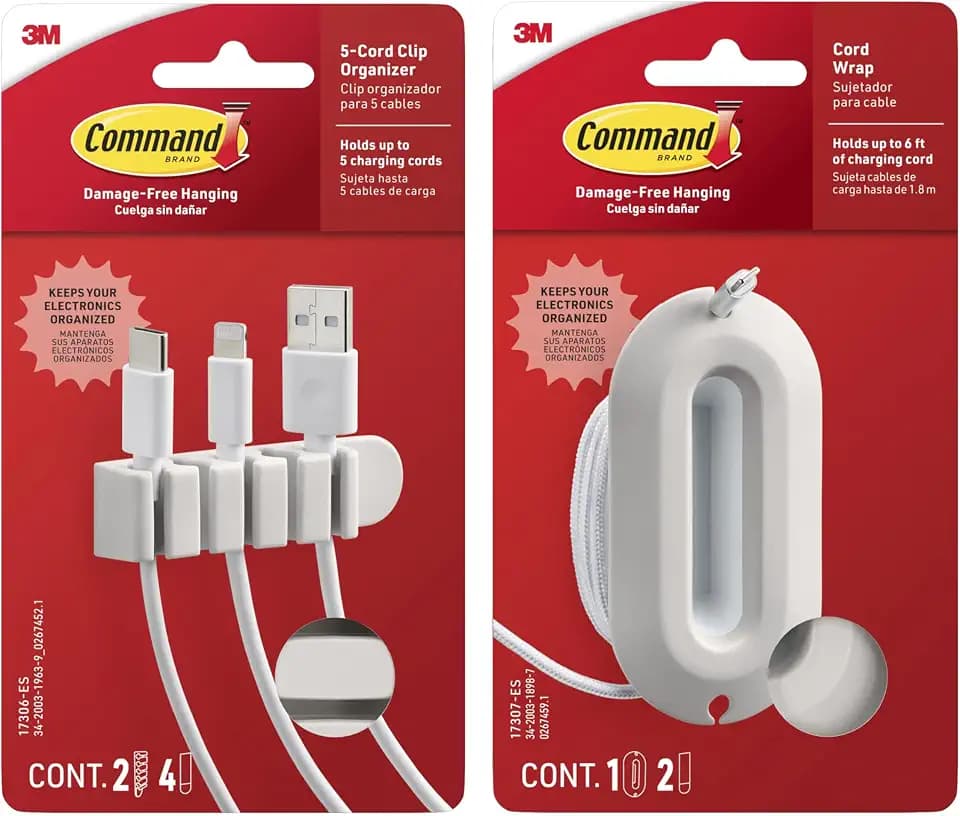 Command 5-Cord Clip Organizer and Wrap Bundle, 2 Clips, 1 Wrap and 6 Medium Strips, White, Great for Damage-Free Electronics Organization Under Desk or Wall Mount