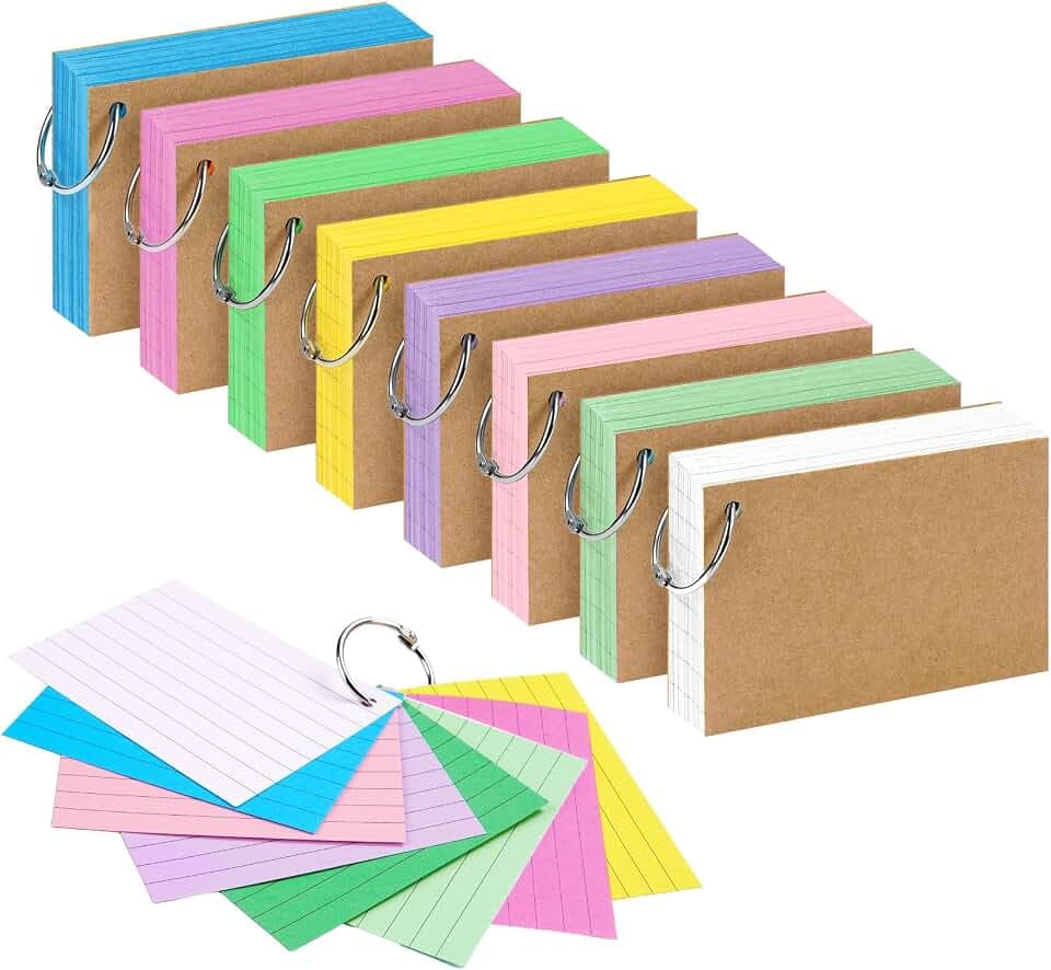 Agoer 800PCS Karteikarten mit Ring,A8 Liniert Lernkarten 8 Farben Lernkarten, [ 180g/m² Verdickte Flashcards] Vokabelkarten Liniert für Englisch Vokabeln, Formeln und Notizen Schule Büro Zuhause