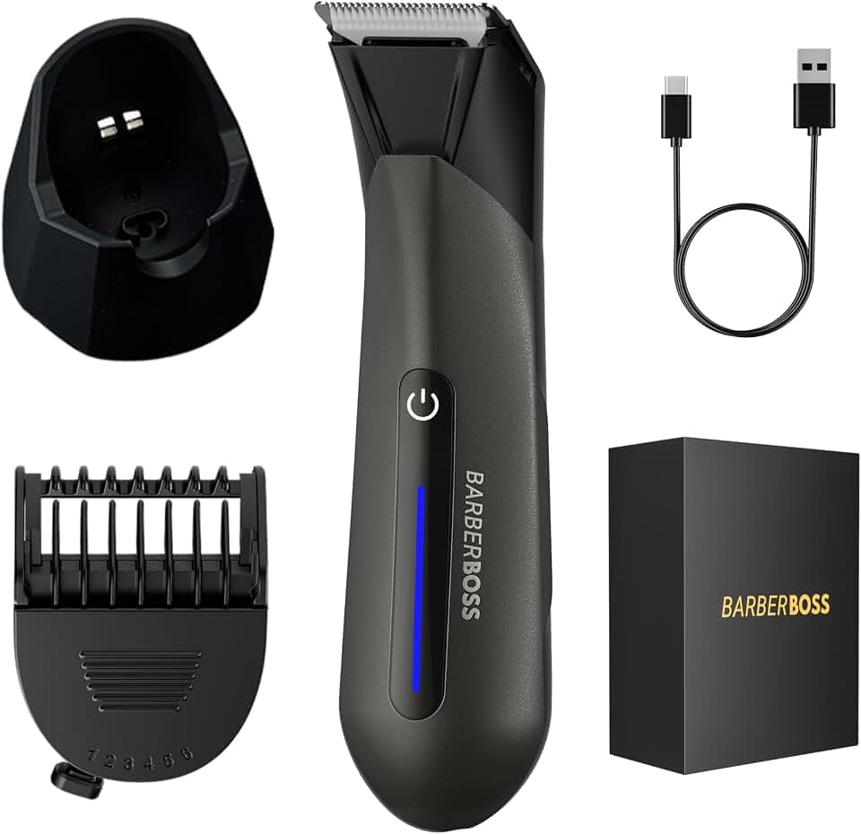 BarberBoss Intim und Körperhaartrimmer für Männer, wasserdichter Hodenrasierer, Trimmer mit Keramik-Titan-Klinge, verstellbarem Kammaufsatz, LED-Licht, Intimpflege-Set für Männer (Schwarz)
