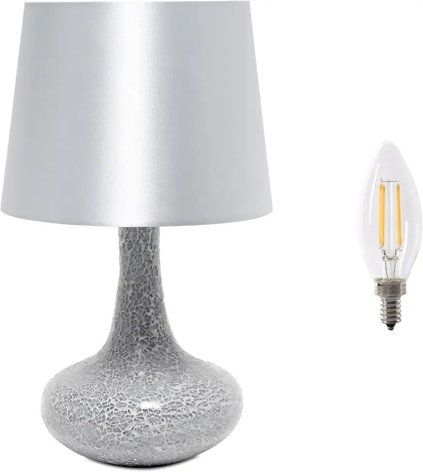 Simple Designs LT3039-GRY-LB 14.17" Mosaic Tiled Glass Genie Table Lamp with LED Bulb, Gray