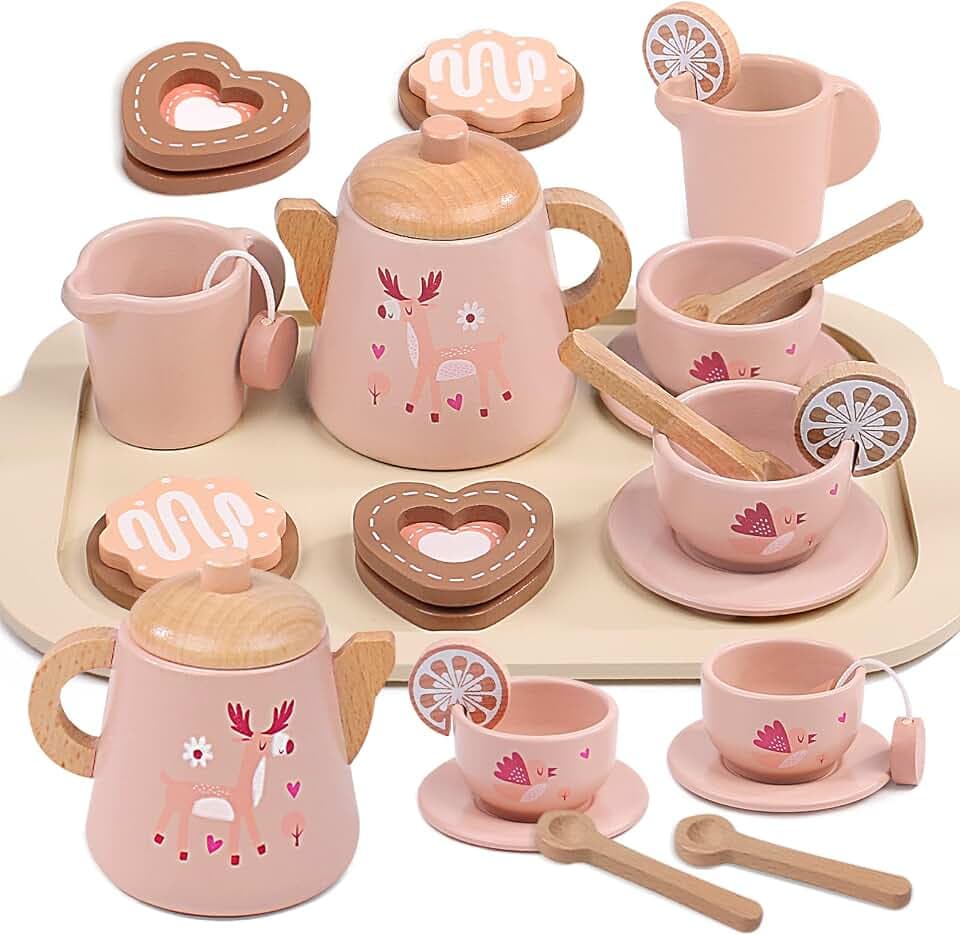 Teeservice Kinder aus Holz,Puppengeschirr Kinderküche Spielküche Zubehör