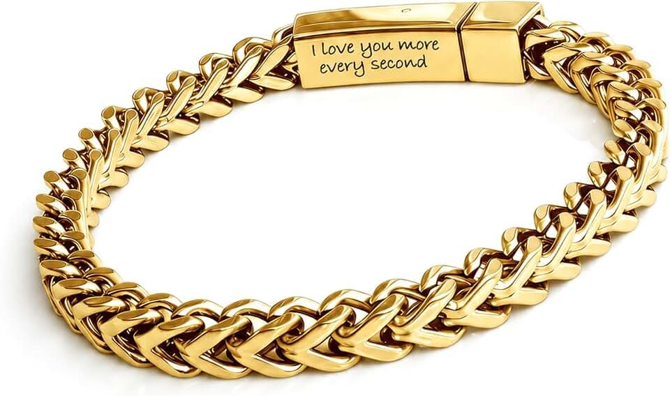 Silver Bracelets for Men Women, Chunky Engraved Stainless Steel Curb Chain Mens Bracelet, 14K Gold Plated/Black Silver Custom Personalized Name Wristband, Multi Size & Width Jewelry Gifts for Husband Dad Son Anniversary Birthday Valentine Father's Day