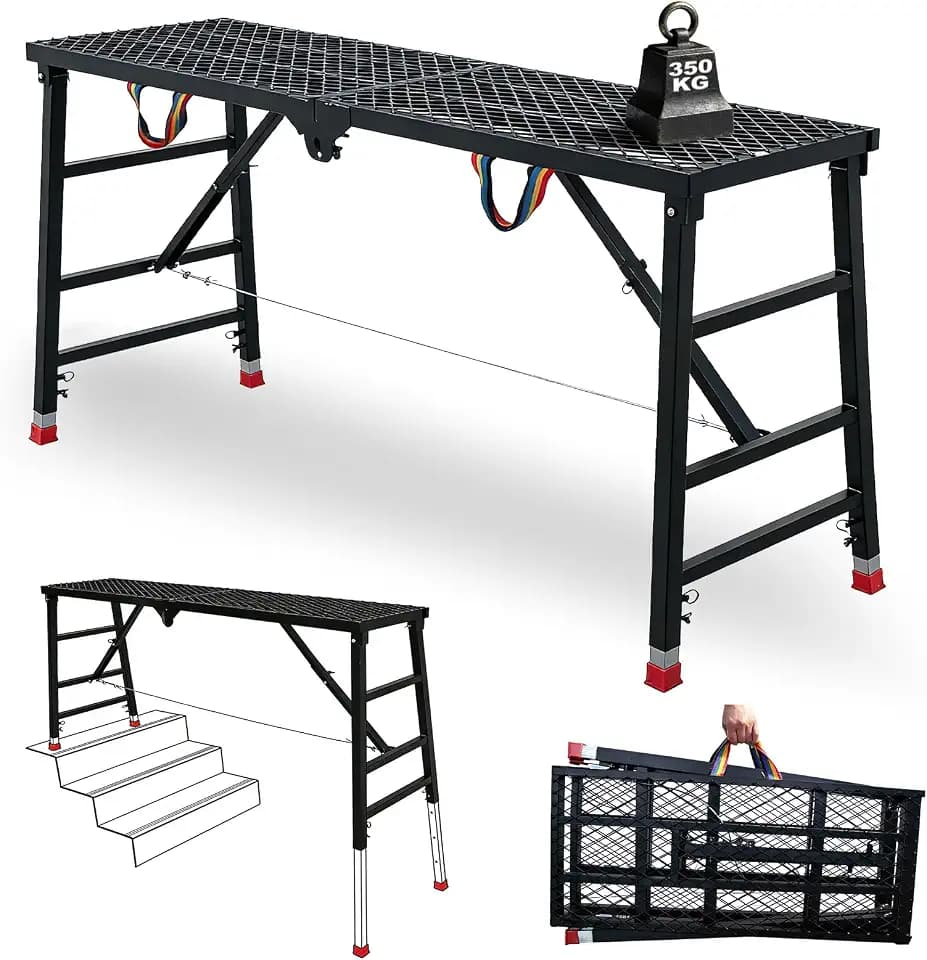 Foldable Scaffold Platform Work Platform 770 lbs Load Capacity, 6 Height Adjustable Steel Workbench with Anti-Slip Grid Surface, Portable Scafolding for Construction, Painting, Home Improvement