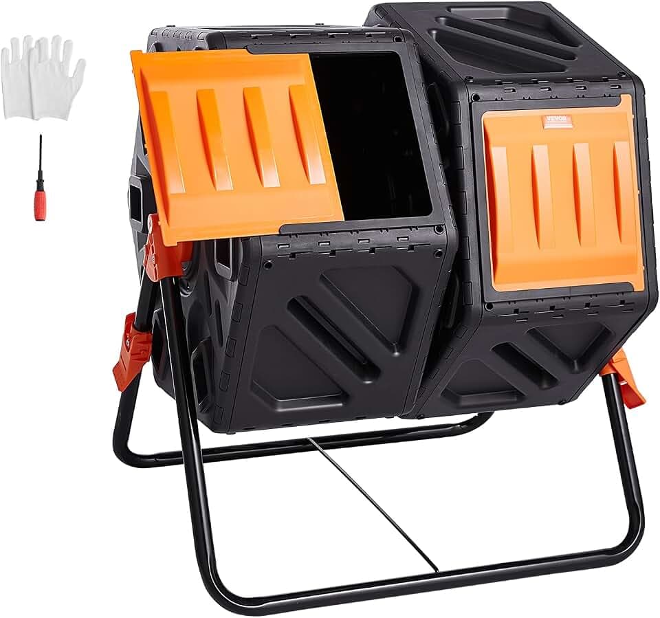 VEVOR Compost Bin, 37-Gal Dual Chamber Composting Tumbler, High Volume Two Rotating Chambers with 2 Sliding Door and Steel Frame, BPA Free Composter Bin Tumbler for Garden, Kitchen, Yard, Outdoor