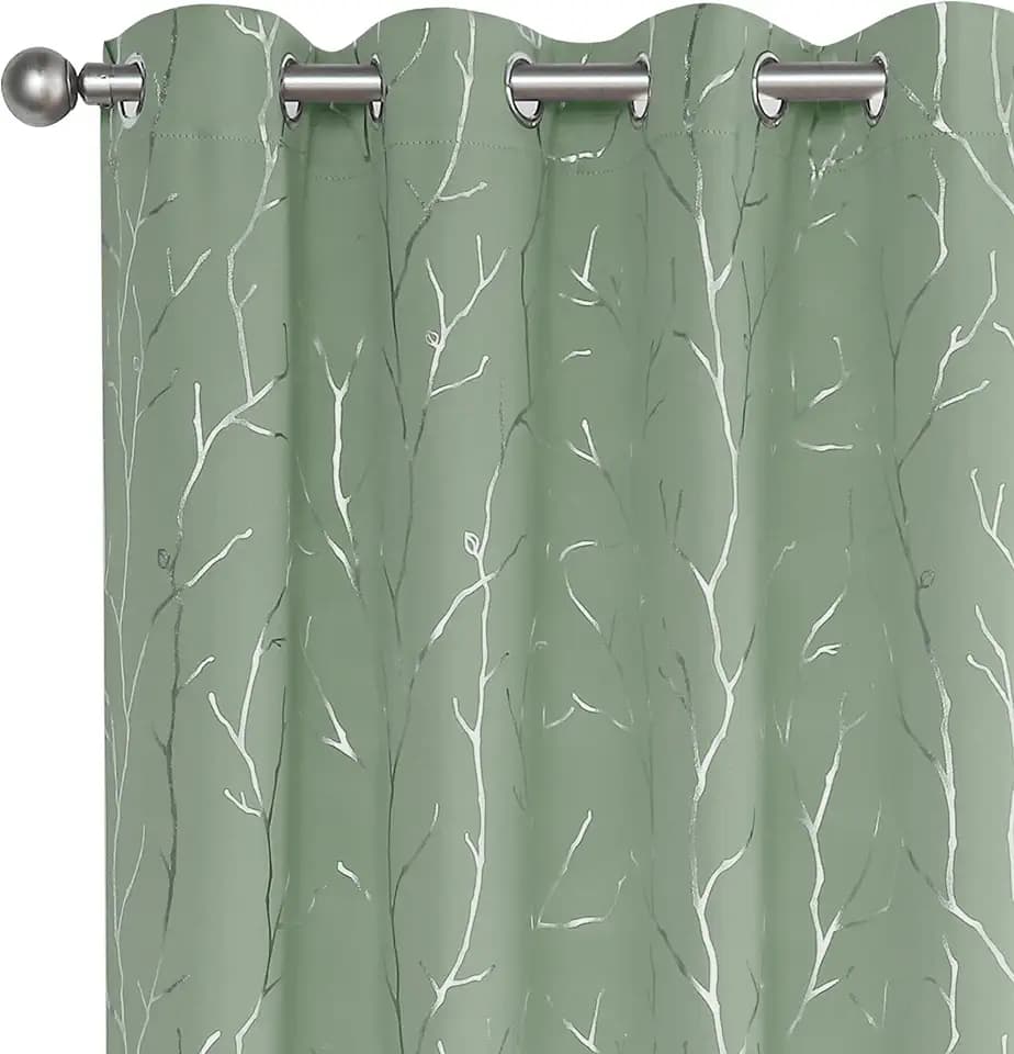 BUHUA Black Out Curtains 63 Inch Long 2 Panels, Soundproof Curtains with Elegant Silver Tree Branches Print, Heat Blocking Curtains for Livingroom, 52W x 63L, Sage Green