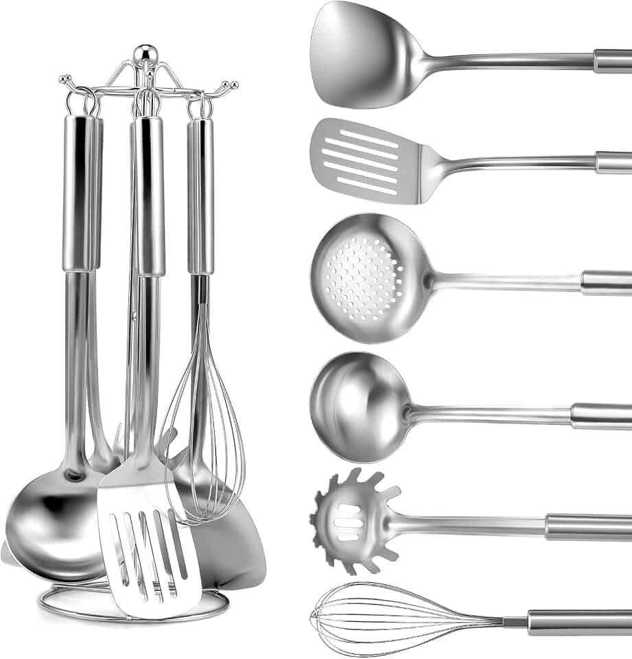 7 teiliges Küchenhelfer Set edelstahl - aufhängbarer Griff, Küchenutensilien mit Spatel, Pfannenwender, Suppenkelle, Schaumlöffel, Schneebesen, Nudelserver, Utensilienhalter, spülmaschinenfest