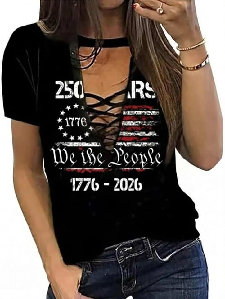 We The People 1776 T Shirt American Flag Patriotic Tee Tops for Women 4th of July Ring Hole Short Sleeve Sexy V-Neck Tshirt