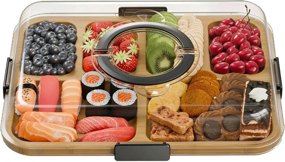 Schnittbrett Aus Bambus Mit Schloss, 37 * 29 * 7cm, Schneidebrett Mit Transparentem Verschlussdeckel Und Schwarzen Griffen, Portable Bamboo Snackle Box Container Cutting Board for Picnic, Party