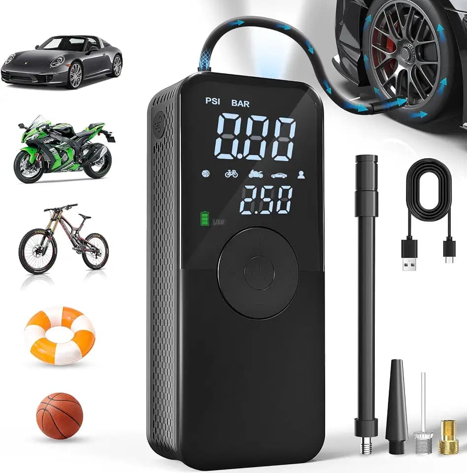 TECBOT Tire Inflator Portable Air Compressor,Auto Air Pump for Car Tires,150PSI Portable Tire Air Compressor for Car Motorcycle Bicycle Balls,with LED Lights,Built-in Inflatable Tube.