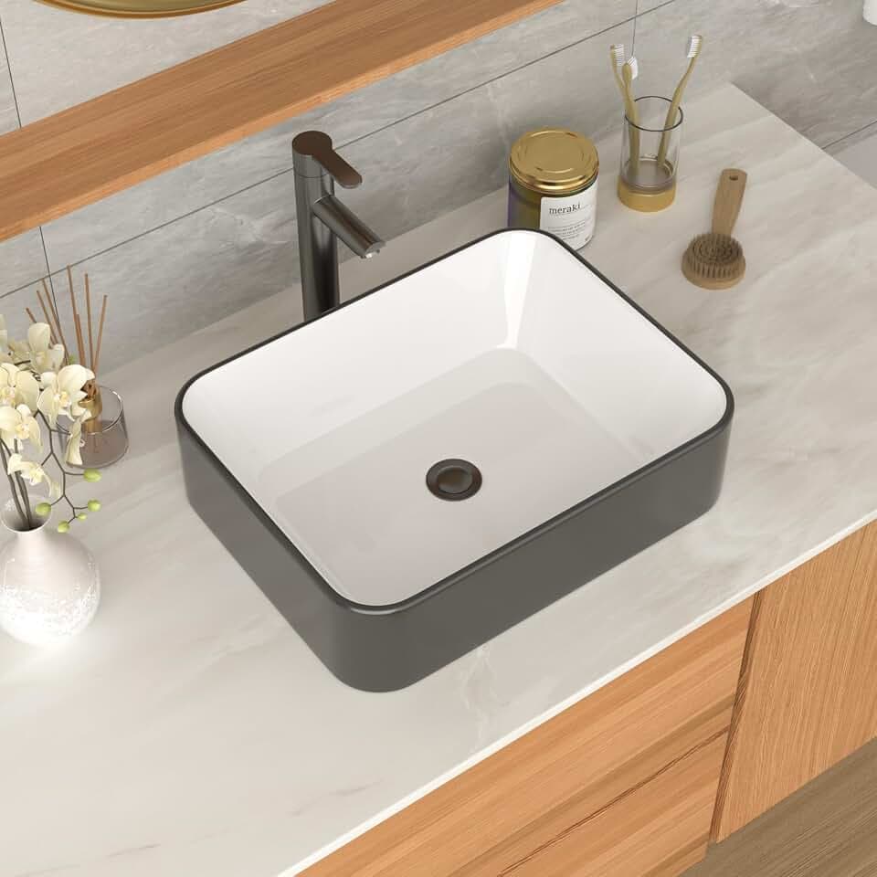 Bathroom Vessel Sink Ceramic Art Basin Above Counter White and Black