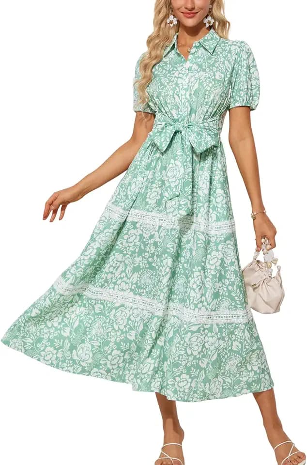 GRACE KARIN Damen Sommer Kurzarm Blumenkleid Polokragen A-Linie Kleider Boho Urlaub Maxi Blusenkleid mit Tasche