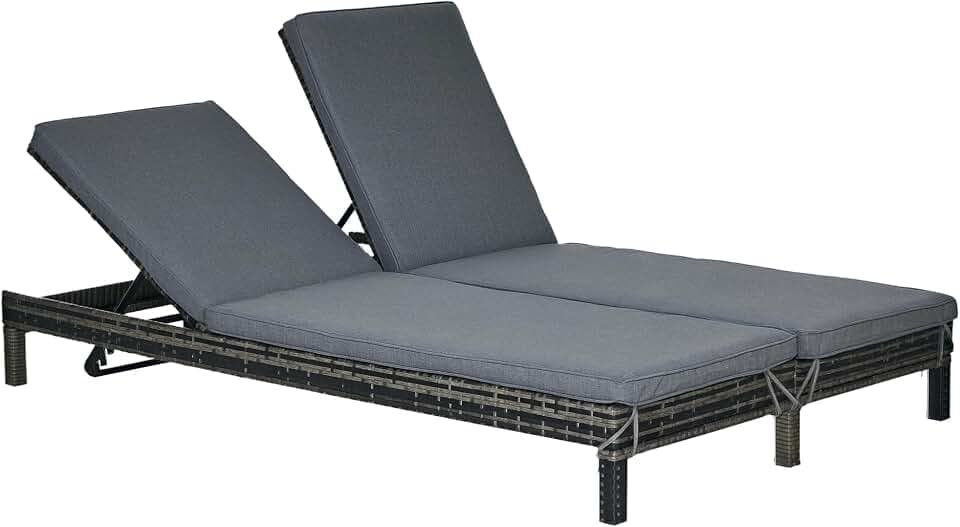 Outsunny Polyrattan Doppelliege Sonnenliege Gartenliege für 2 Personen Relaxliege Luxus Lounge 5-stufige Rückenlehne Metall PE Rattan Grau 196 x 120 x 28 cm