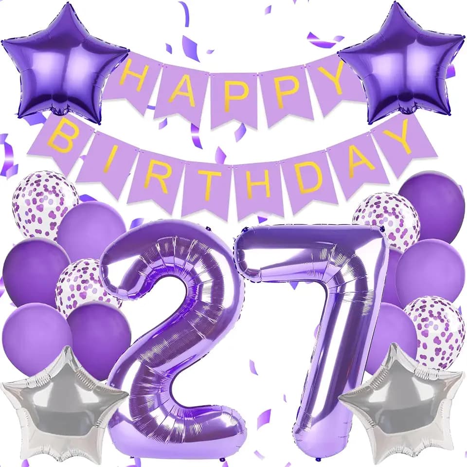 Happy 27th Birthday Decorations For Women, Purple Happy Birthday Banner, Purple 27 Balloon Numbers 40 Inch, 27th Birthday Balloons For Purple Birthday Decorations