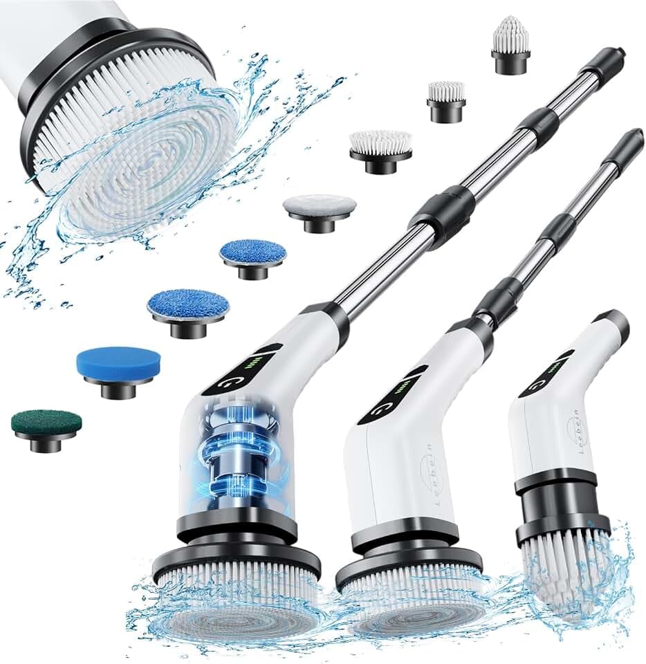 Leebein Elektrische Reinigungsbürste,Electric Spin Scrubber schnurlos mit 8 austauschbaren Bohrbürstenköpfen, Wanne und Bodenfliese mopSet mit 137cm verstellbarem Griff für Bad Küche Auto Fußboden