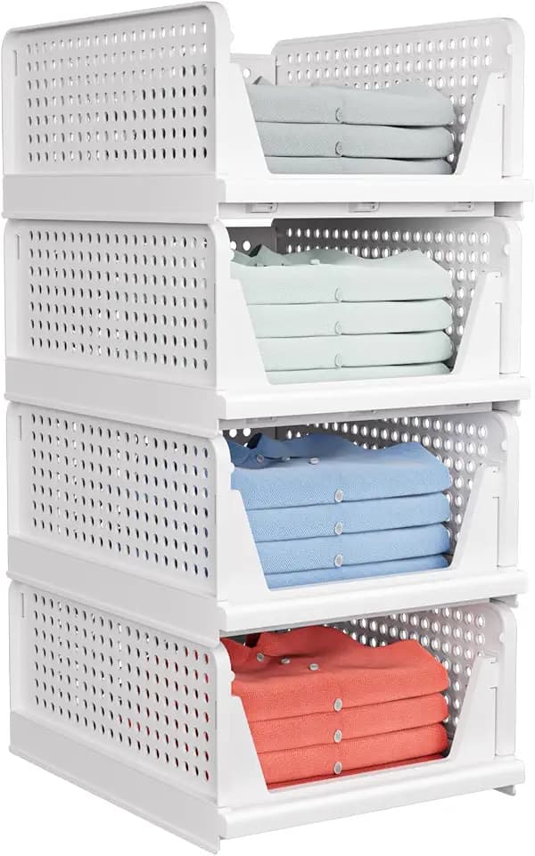 caktraie 4 Pack Stapelbar Schrank Kleiderschrank Organizer - Schrank Organizer für Bad Küche Lagerung, Platzsparende Schublade Aufbewahrungsbox, Weiß