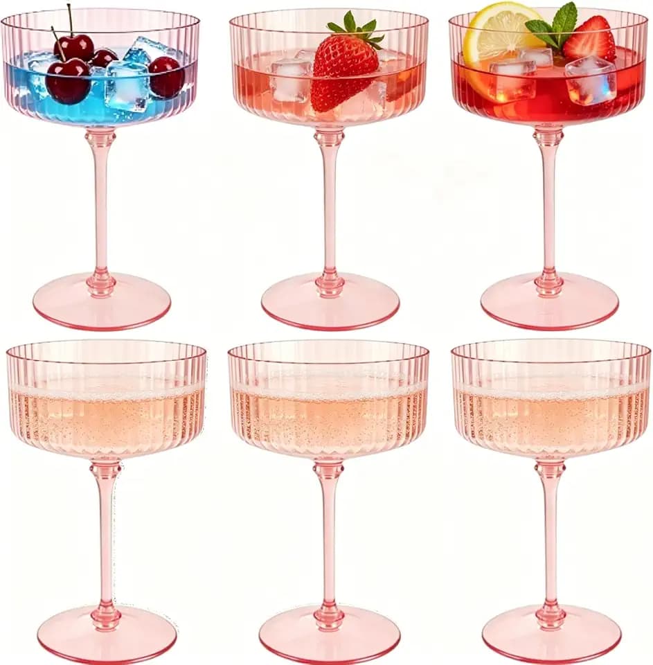 PLULON 6 Pcs Pink Champagne Martini Glasses Set 10 Oz Plastic Ribbed Coupe Cup, Cocktail Glasses Champagne Cup Tower Vintage Margarita Glassware for Clubs Gifts Wedding Bachelor Party Outdoor Events