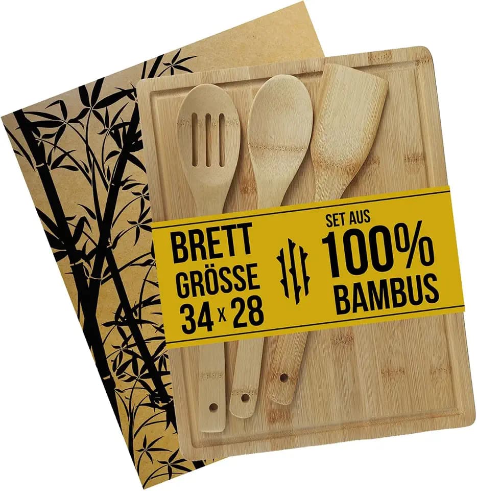 RONI Bambus Schneidebrett Set - Küchenbrett Saftrille Griffmulde Öko