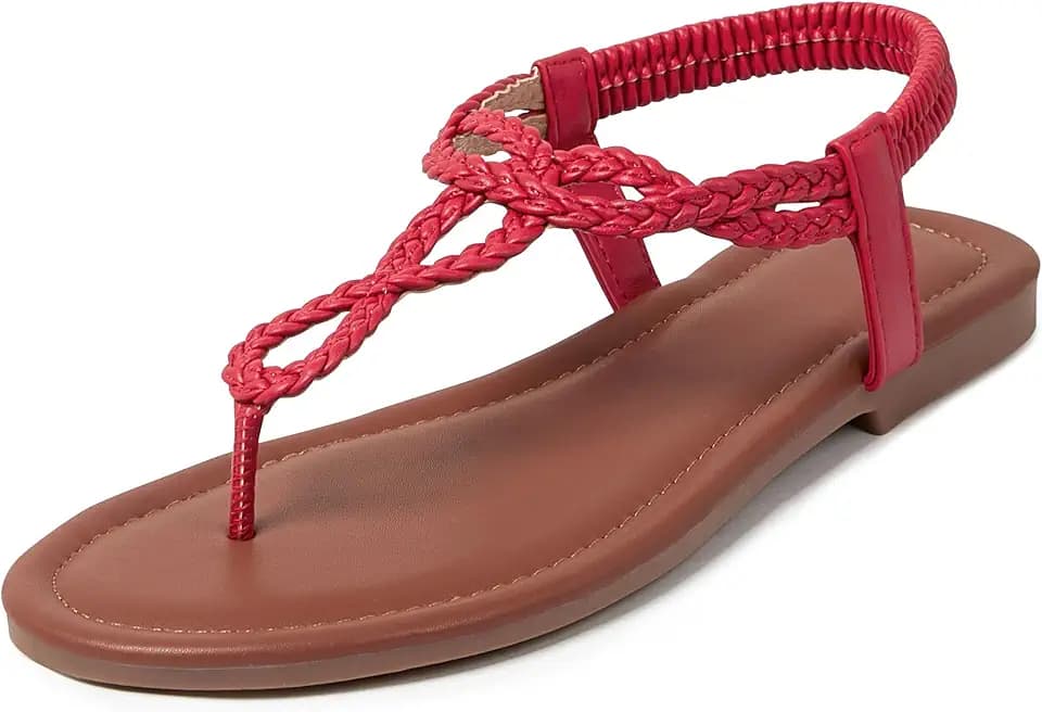 iCKER Womens Braided Flat Sandals T‑Strap thong Elastic Stretch Ankle Strap