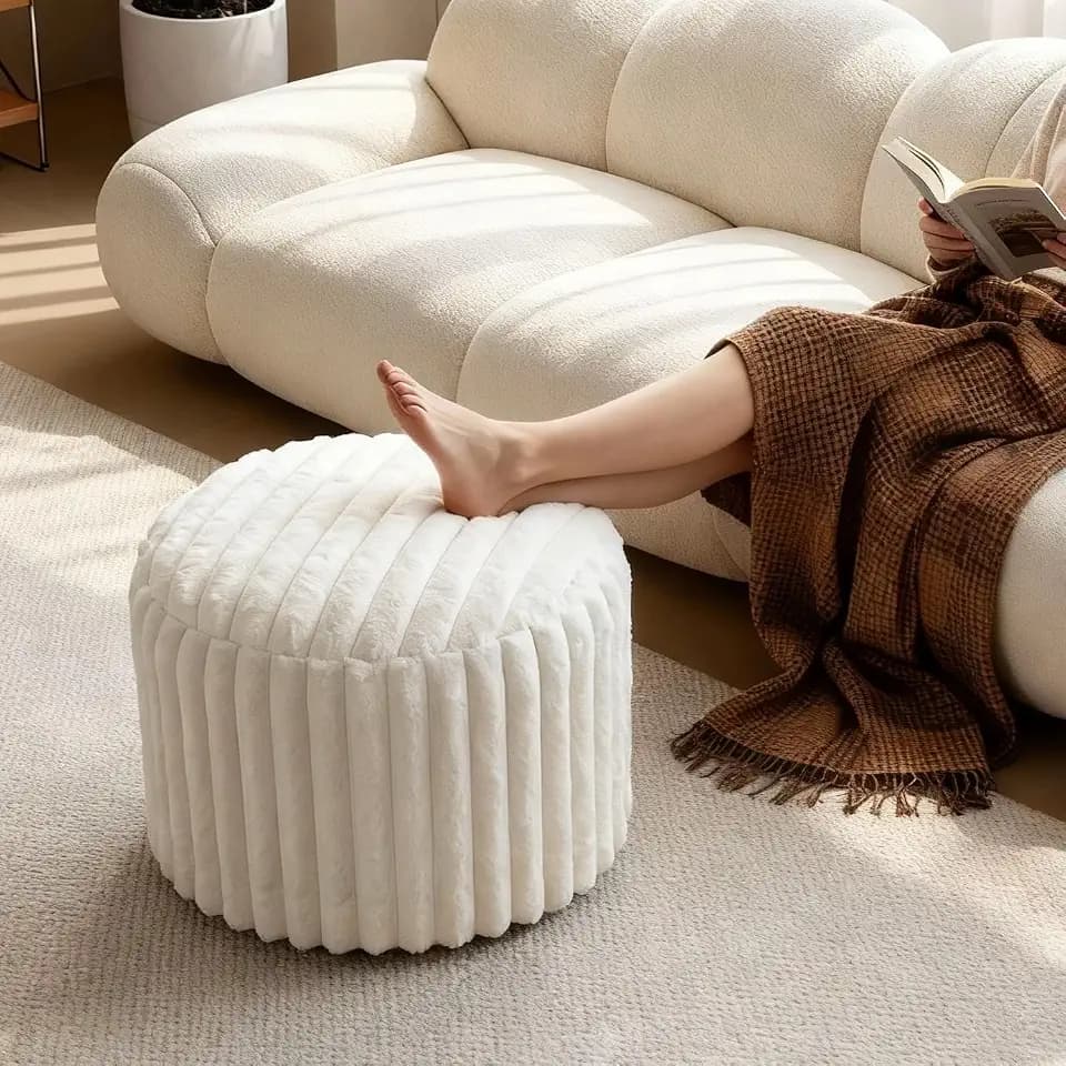 Round Stuffed Pouf Ottoman, Stripe Faux Fur Footrest, Solid Block Support+Soft Cushion Comfort, Removable Washable Cover, 20" Floor Pouf for Living Room Bedroom Dorm Vanity, Cream Beige
