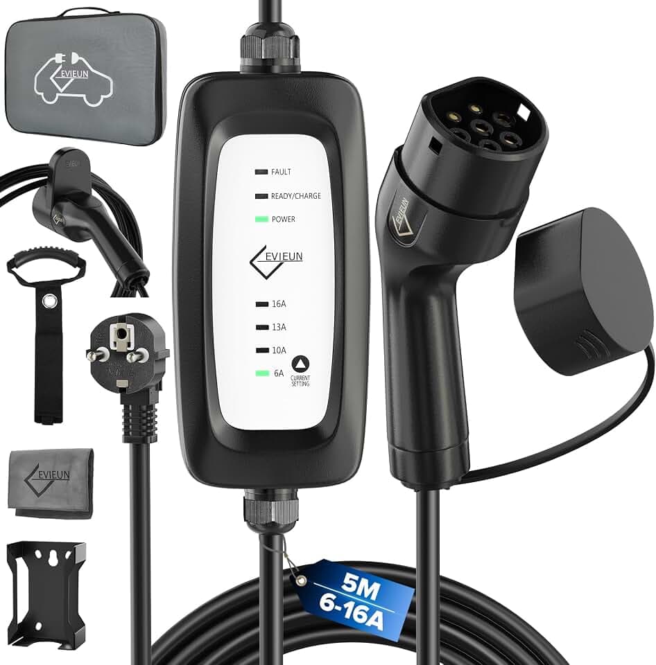 Typ 2 Ladekabel Schuko für Elektroautos, 5 m, 3,6 kW, 4 Ladestufen | 4 Stromstufen 6/10/13/16 A, Speicherfunktion und LED-Anzeige; 1-phasig für EV und PHEV nach IEC 62196-2
