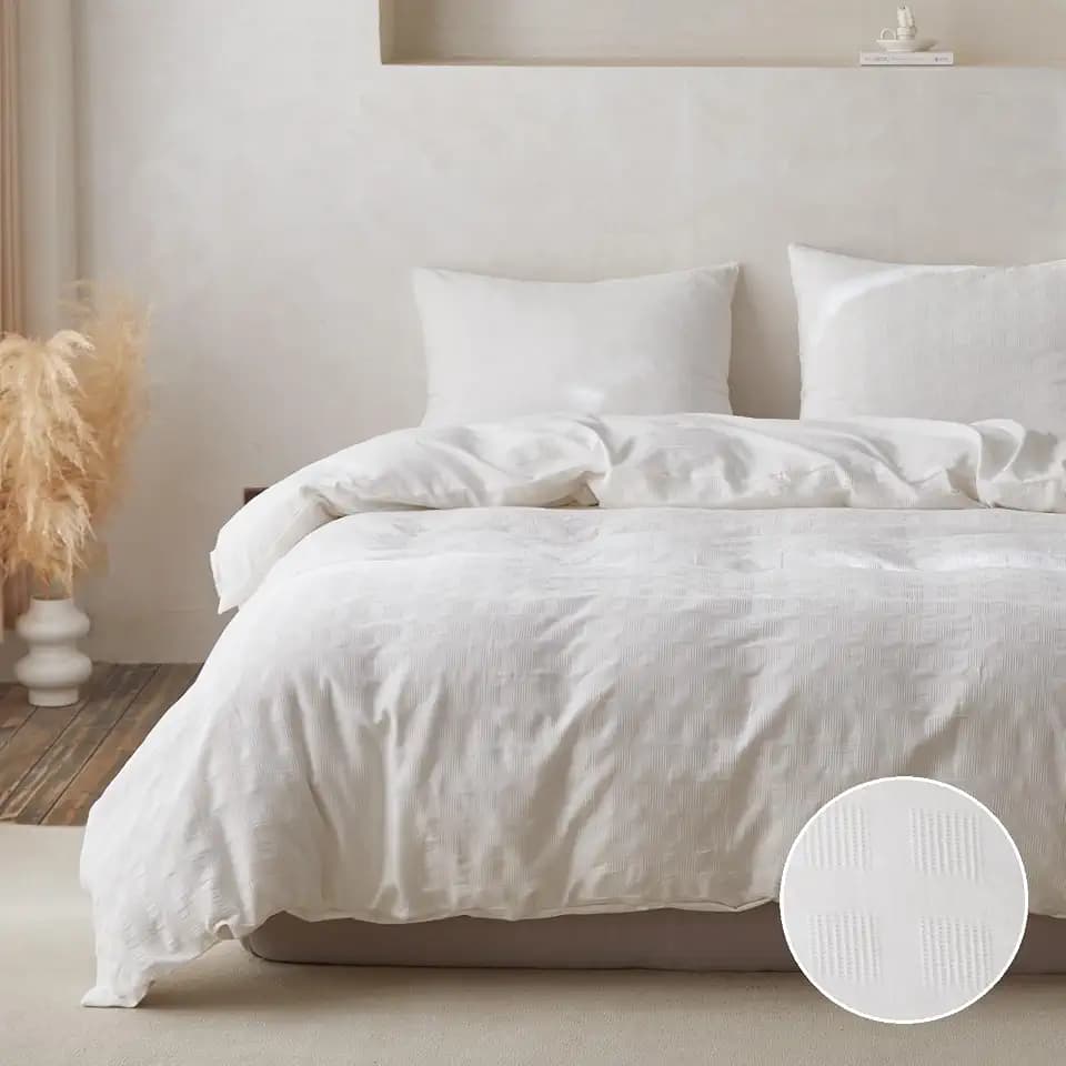BISELINA 100% Cotton Duvet Cover Set Waffle Weave 3PCS (1 Comforter Cover, 2 Pillow Shams) Reversible Soft Skin-Friendly Breathable Shabby Chic Bedding for All Season - White, Queen Size