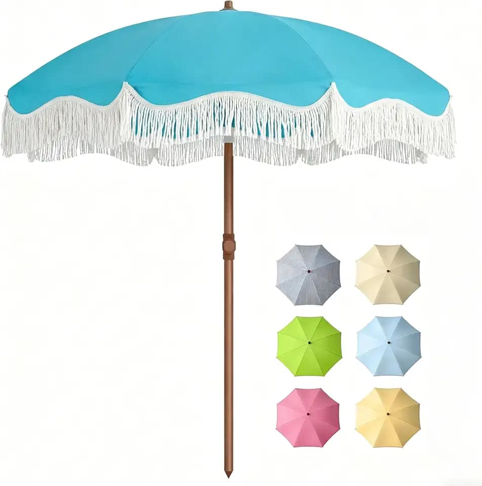 7FT Patio Umbrella with Fringe, Outdoor Tassel Umbrella with Fiberglass Ribs, Boho Beach Umbrella, Push Button Tilt and Carrying Bag, UPF50+