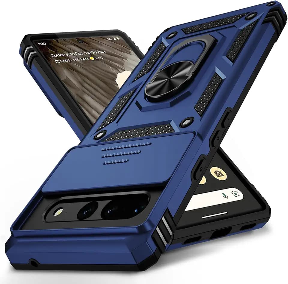 for Google Pixel 7 Pro Case with Camera Lens Cover, 10 FT Military Grade Drop Protection, Magnetic Ring Holder Kickstand Protective Phone Case for Pixel 7 Pro, Navy Blue