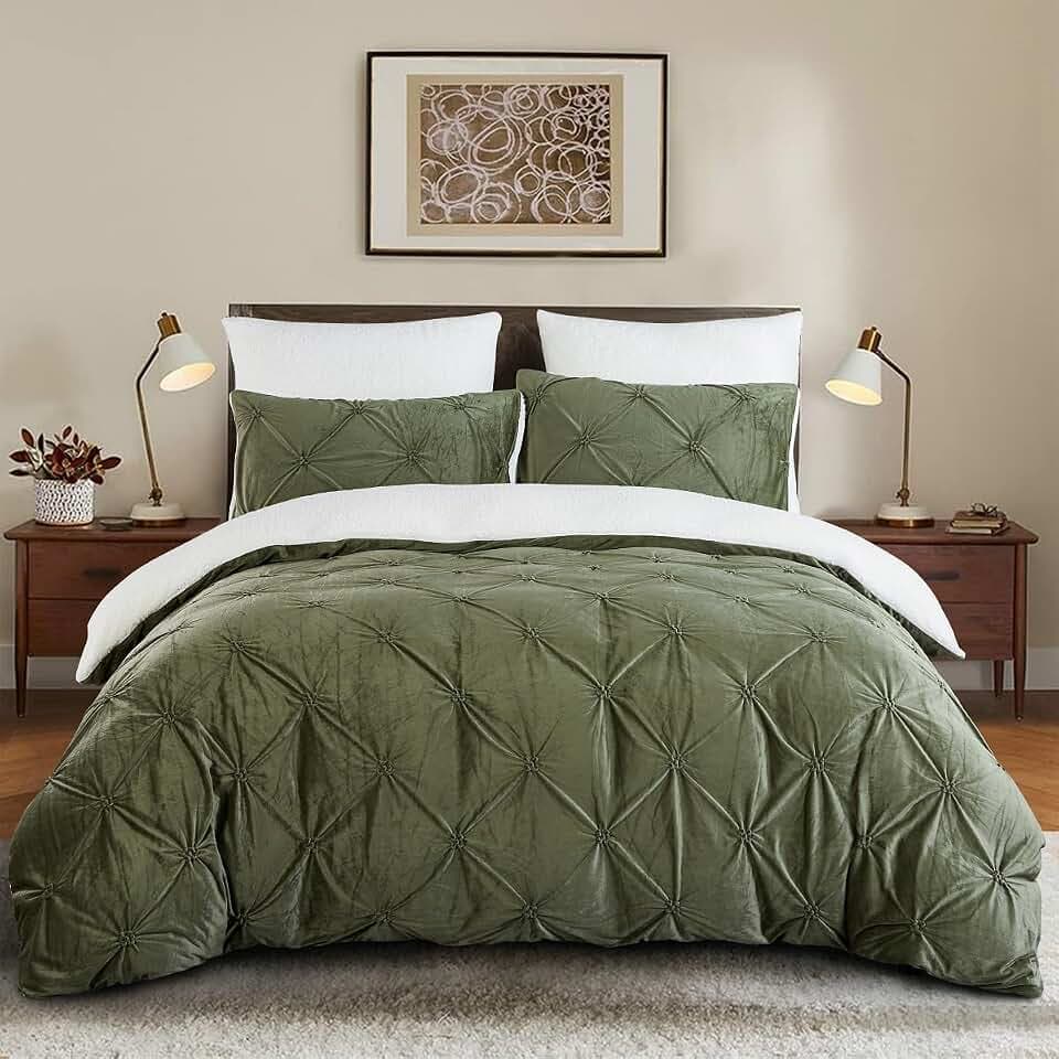 Lanqinglv Bettbezug 200 x 200 cm, Flanell, Sherpa-Fleece, Winter, warm, flauschig, Plüsch, Bettwäsche, für Doppelbett, Grün / Weiß, wendbar, Pintuck, Mädchen, Jugendliche, Bettwäsche mit