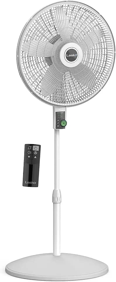 Lasko EcoQuiet Oscillating Pedestal Fan with Whisper Quiet DC Motor, 12 Speeds, 8 Hour Timer, Adjustable Height, Remote Control, White, S18705