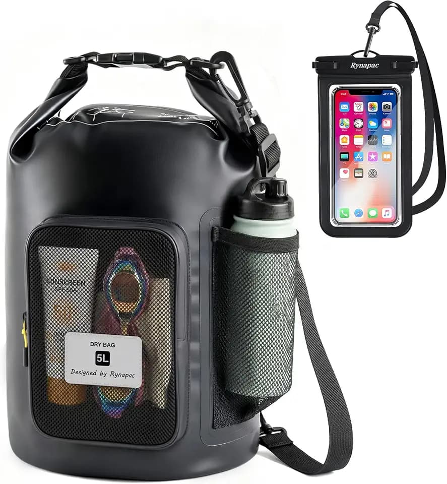 5L Waterproof Dry Bag with Bottle Holder & Mesh Pocket, 500D PVC Tarpaulin Roll Top Dry Sack with Inner Waterproof Adsorption Film, Lightweight Dry Bag for Kayaking, Beach, Boating, Fishing, Travel