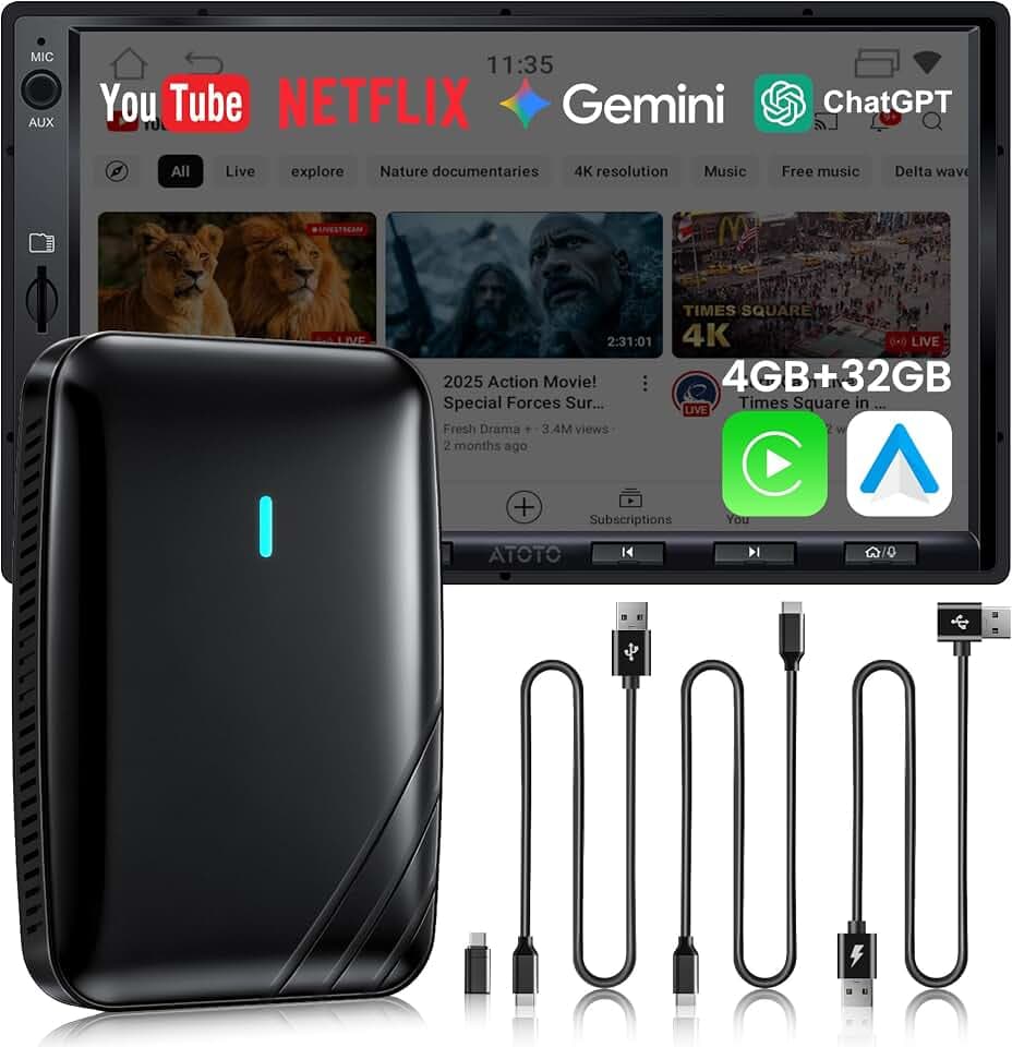 CarPlay AI Box, Wireless CarPlay Adapter Netflix/YouTube/TF-Karte 4GB+32GB - AI Box Android Auto Video Dongle, nur für OEM Kabel-CP/AA, 4G Dual-WLAN & BT, DriveChat AI Voice,Plug&Play CB4B
