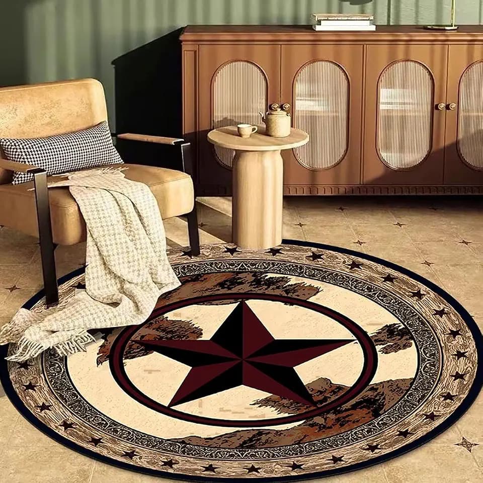 Round Rustic Texas Stars Area Rug 6Ft Western Cowboy Bordered Circular Rugs for Bedroom Study Room Low Pile Farmhouse Floor Mats