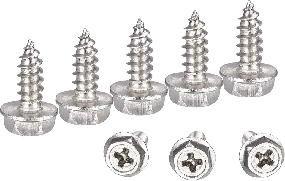sourcing map Kreuzschlitz-Unterlegscheibe, selbstschneidende Schrauben, M4 x 12 mm, 304 Edelstahl, Sechskant-Flansch, Blechschrauben, 100 Stück