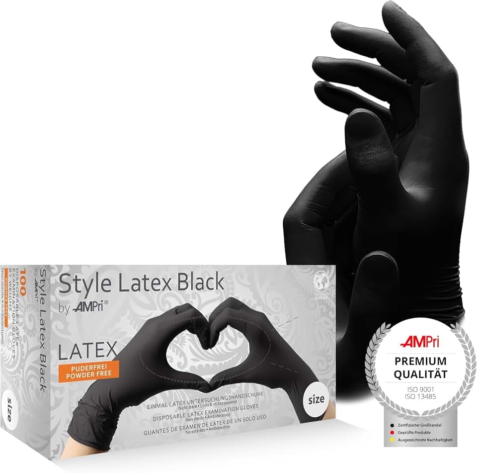 AMPRI Latexhandschuhe, schwarz, 100 Stück/Box, Größe M, puderfrei, Style Latex Black: Latex Einweghandschuhe in den Größen XS, S, M, L, XL